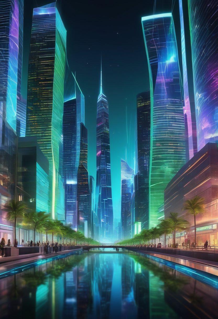 A dynamic city skyline transforming through digital elements, showcasing skyscrapers merging with screens displaying graphs, data streams, and innovative technologies. Include diverse professionals engaged in discussions, tablets in hand, symbolizing collaboration. Bright, energizing colors to represent creativity and progress, and glowing neon accents to emphasize a digital atmosphere. futuristic art style.