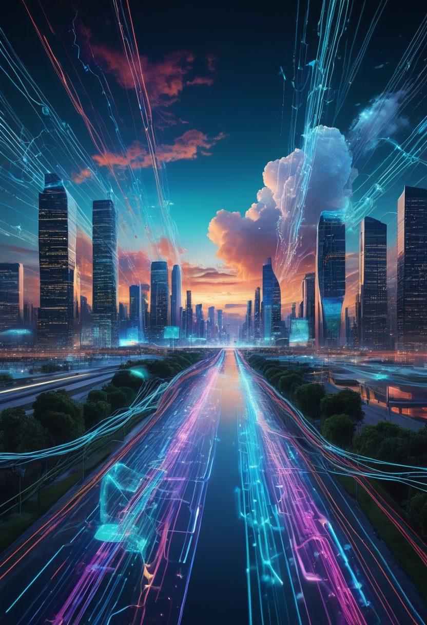 An abstract representation of cloud computing morphing into artificial intelligence, featuring clouds transitioning into neural networks with vibrant connections. Include elements symbolizing data flow, a futuristic skyline in the background with digital landscapes, and glowing circuits. The overall atmosphere should evoke innovation and technology. vibrant colors. 3D. futuristic.