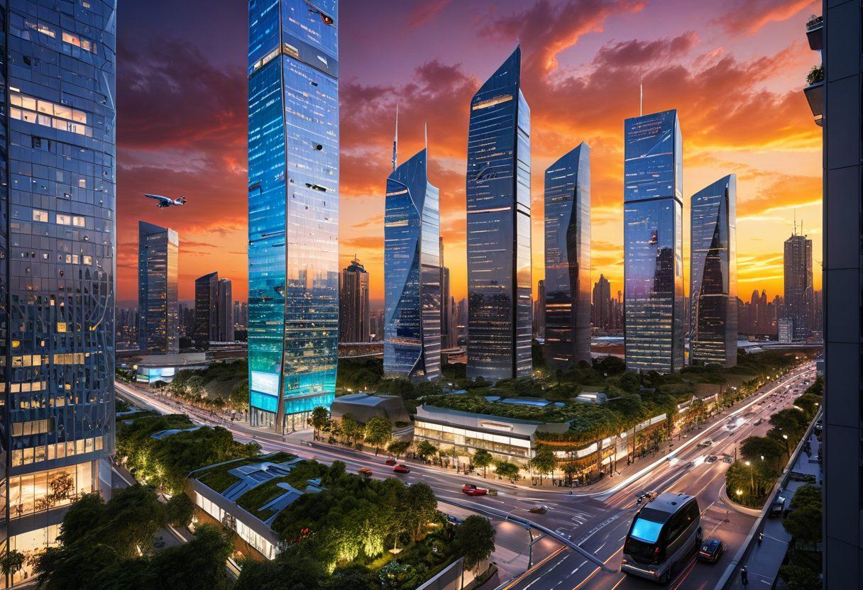 A futuristic cityscape showcasing advanced technology, including flying vehicles, smart buildings, and holographic displays, all bathed in a dynamic sunset glow. People are interacting with digital interfaces, while drones buzz overhead. Elements like augmented reality, AI robots, and green technology seamlessly integrate into everyday life. ultra-modern. vibrant colors. panoramic view.